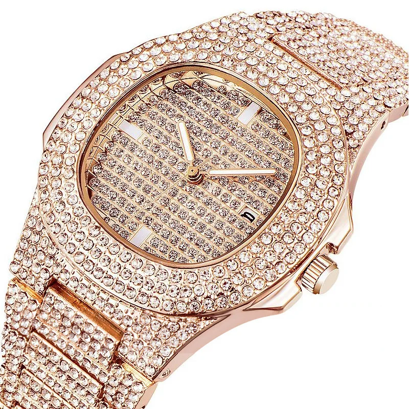 Top Men's Stainless Steel Diamond Fashion Watch Chronograph Hip Hop Style Luxury Gold Quartz Relogio Men's Mechanical Watch