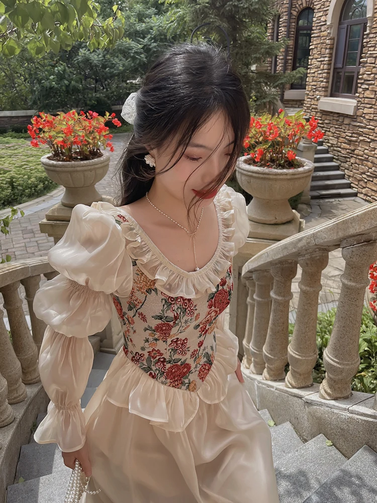 Винтажное элегантное платье с цветочным принтом женское осеннее повседневное