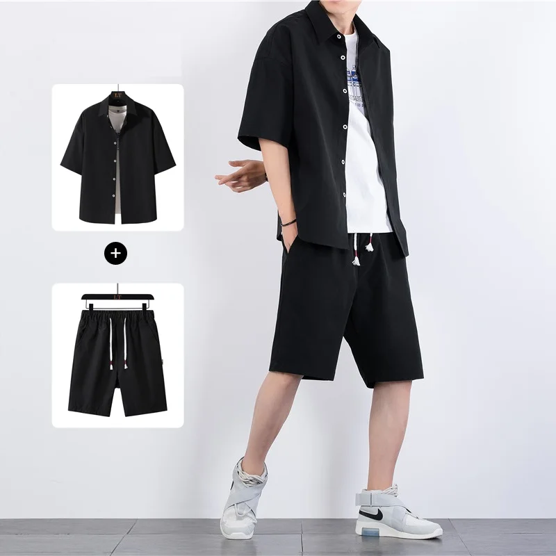2023 Summer New Short Sleeve Shirt Set Harajuku Solid Color Shirt + Short Two-piece Casual Male Shirts Tracksuit Streetwear Suit
