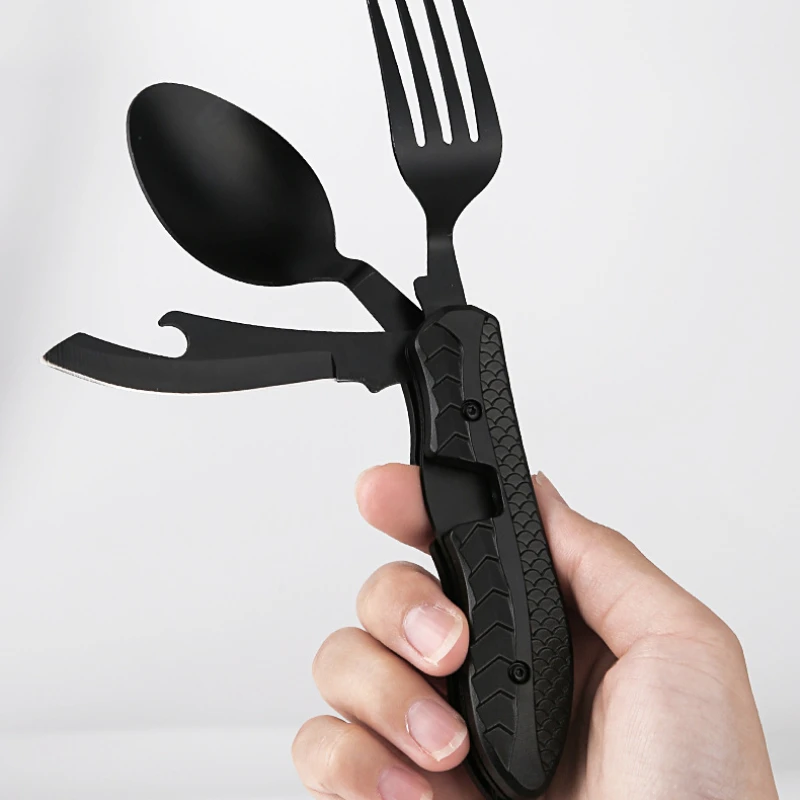 

3-in-1 Multitool Camping Utensils Portable Stainless Steel Foldable Spoon Fork Knife Bottle Opener Combo Set Backpacking Cutlery