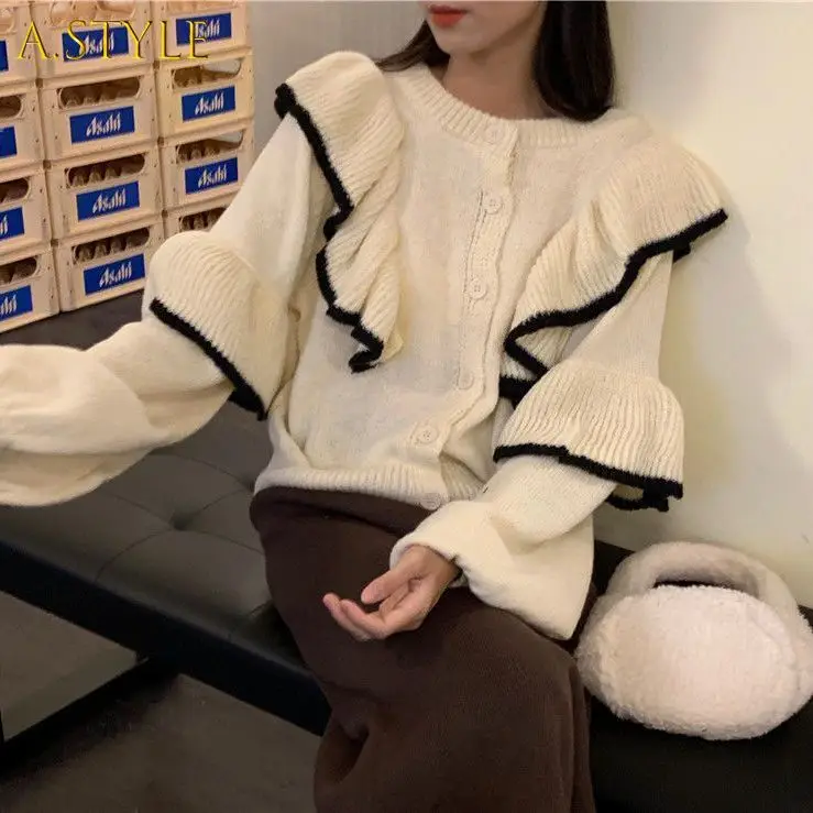 

A GIRLS Cardigan Women Ruffles Elegant Gentle All-match Spring Patchwork Lantern Sleeve Trendy Casual Reversible Cozy