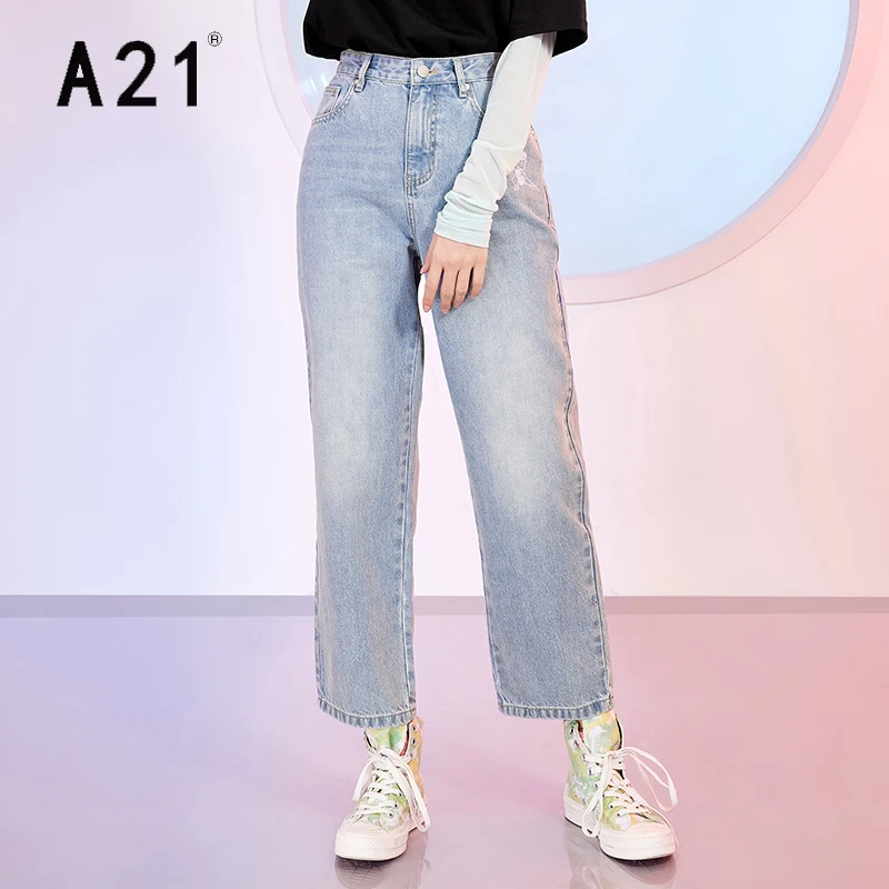 A21 High Waist Denim Jeans for Women Summer 2022 Trend Cotton Pants Loose Kung Fu Girls Print Streetwear Blue Pants Clothes