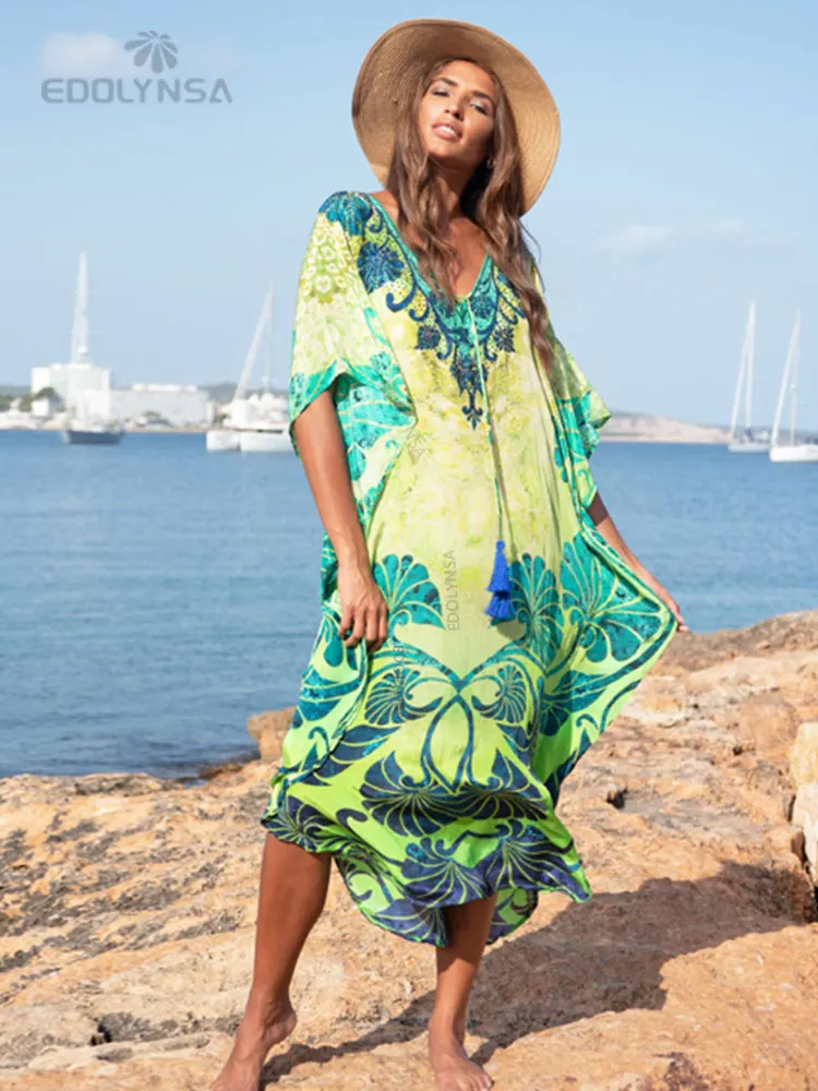 

Женское пляжное платье-туника средней длины, зеленое хлопковое платье с богемным принтом, V-образным вырезом и рукавом до локтя, модель N845 на...