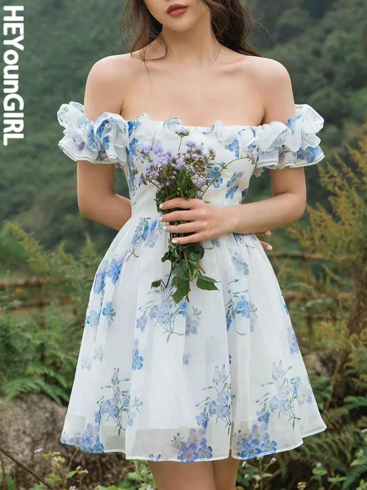 

Элегантное шикарное женское платье HEYounGIRL во французском стиле с открытыми плечами милые цветочные платья с оборками пикантные корейские ж...