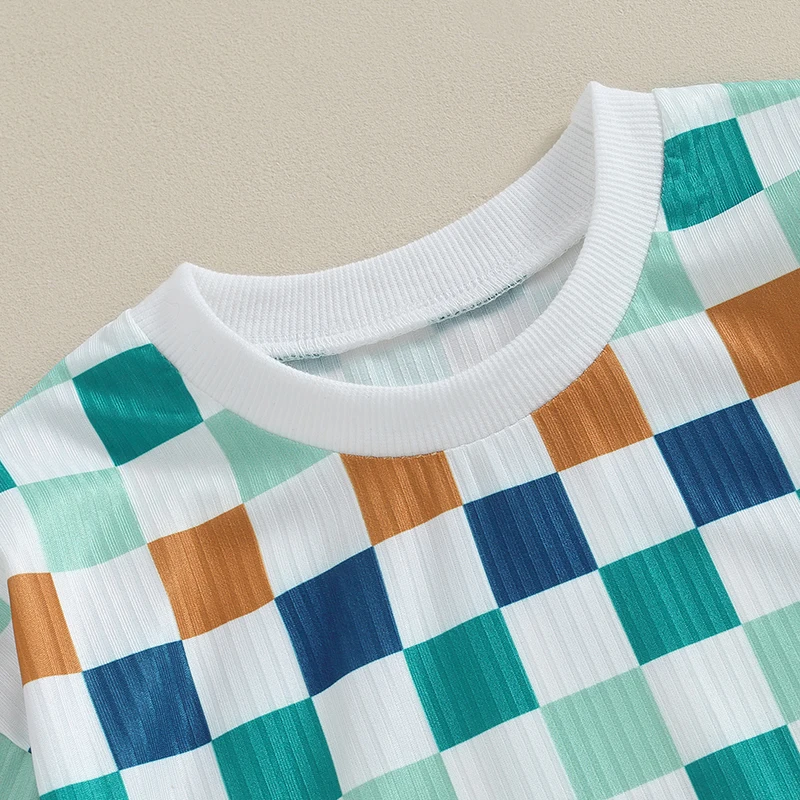 

Newborn Baby Boy Girl Clothes Checkered Plaid Rib Bubble Romper Oversized Short Sleeve Romper Bodysuit Summer Outfit