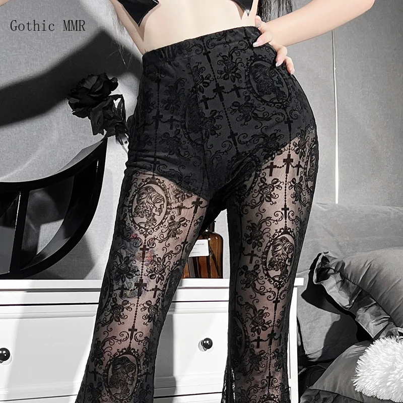 

Gothic MMR aesthetic black flared pants harajuku sexy see-through women's pants punk grunge high waist cosplay summer pants