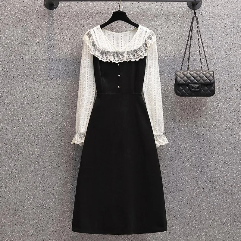 

Spring Women Plus Size Black White Midi Party Dress Lace Patchwork V Neck Long Sleeve A Line Elegant Autumn Slim Big Streetwear