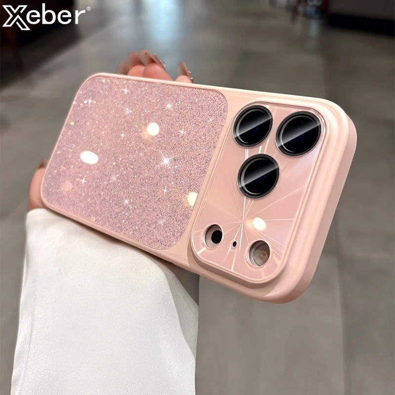Фото Роскошный блестящий стеклянный чехол для iPhone 17 Air 16 15 Plus 14 13 12 Pro Max с защитой объектива, противоударный гибридный бампер-накладка №1