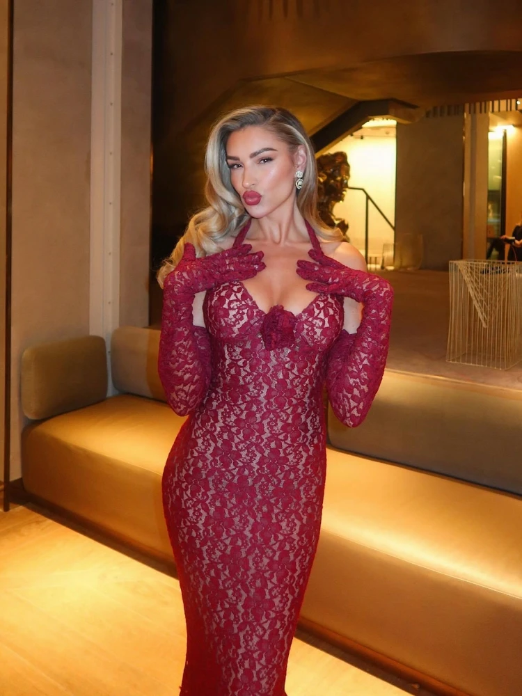 Женское кружевное платье-русалка бордовое длинное платье с цветочным кружевом