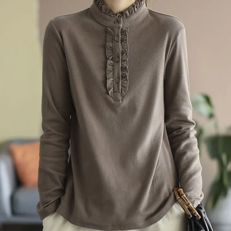 

Solid Colour Stand Collar Autumn Winter Agaric Lace Long Sleeve T-Shirts Mercerized Cotton Button Loose Straight Women Plus Size