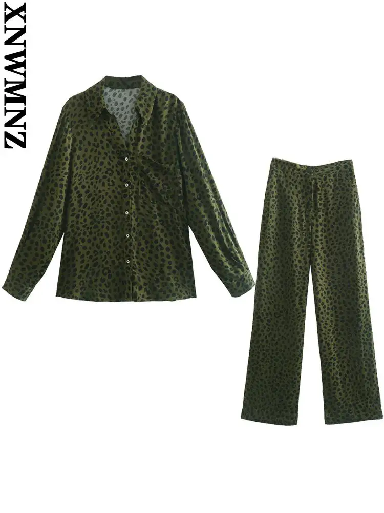 

XNWMNZ long sleeve top Women 2022 fashion animal print shirt asymmetric hem blouses or loose animal print high waist pants