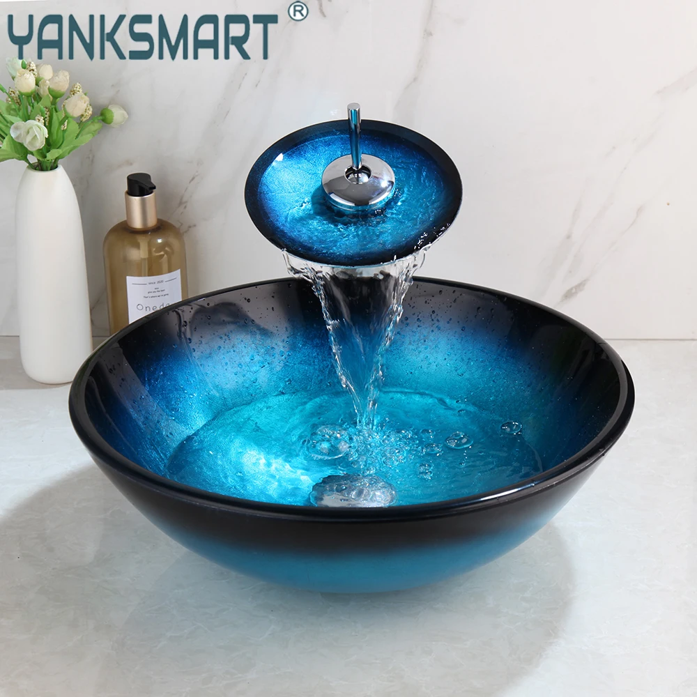 

YANKSMART Blue Round Tempered Glass Washbasin Faucet Set Counter Top Washroom Basin Sink Vessel Vanity Mixer Water Tap Combo Kit