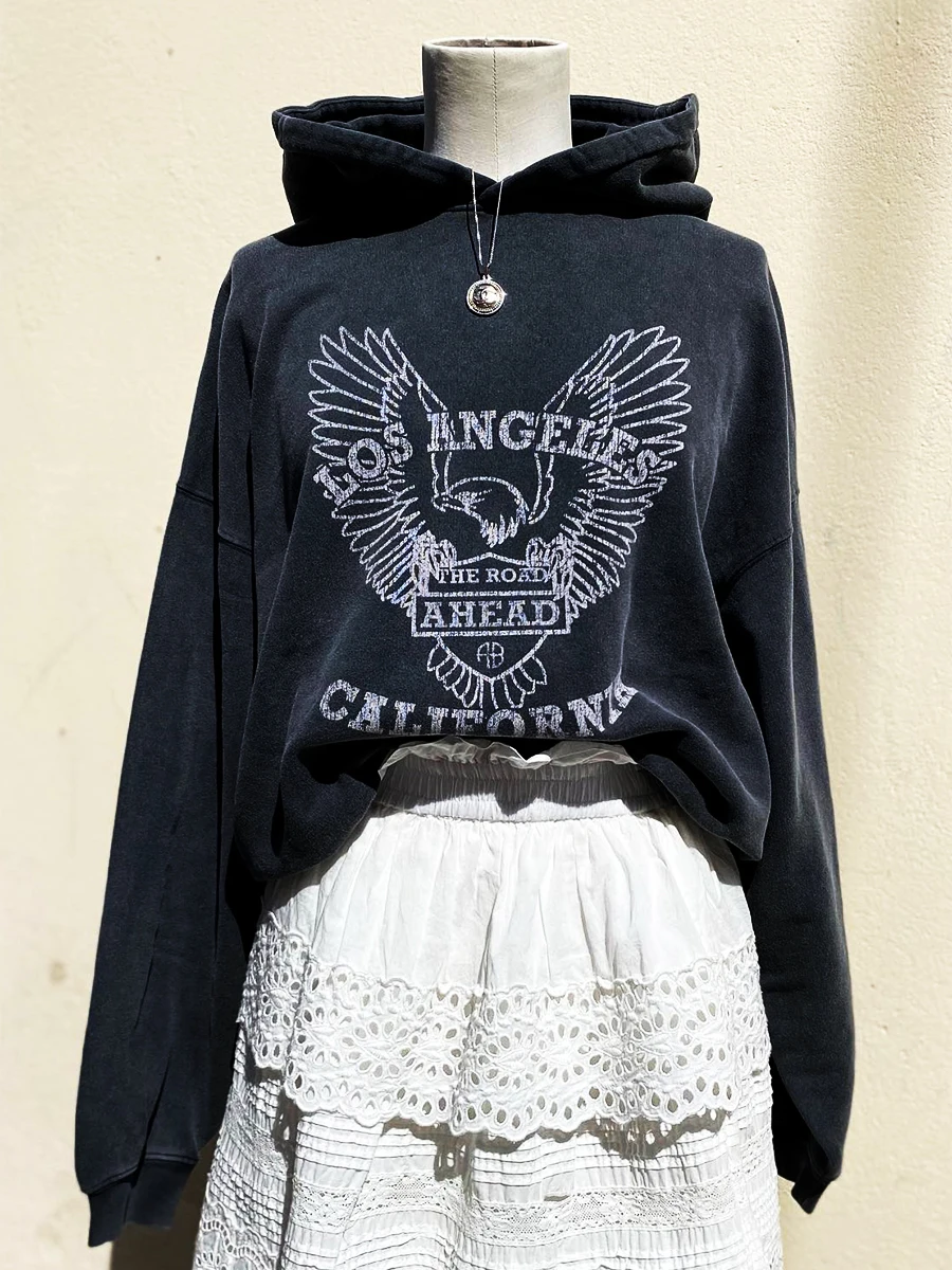 

Eagle Letter Print Hoodies Women Washed Black Vintage Distressed Hooded Sweatshirt Female Rock n Roll Punk Sweatshirts Tops