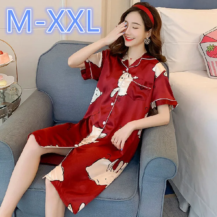 Women Loose Nightgowns Satin Sleepwear Nightshirts Long Sleeve Silk Casual Night Dress Summer Home Clothing Home Dress
