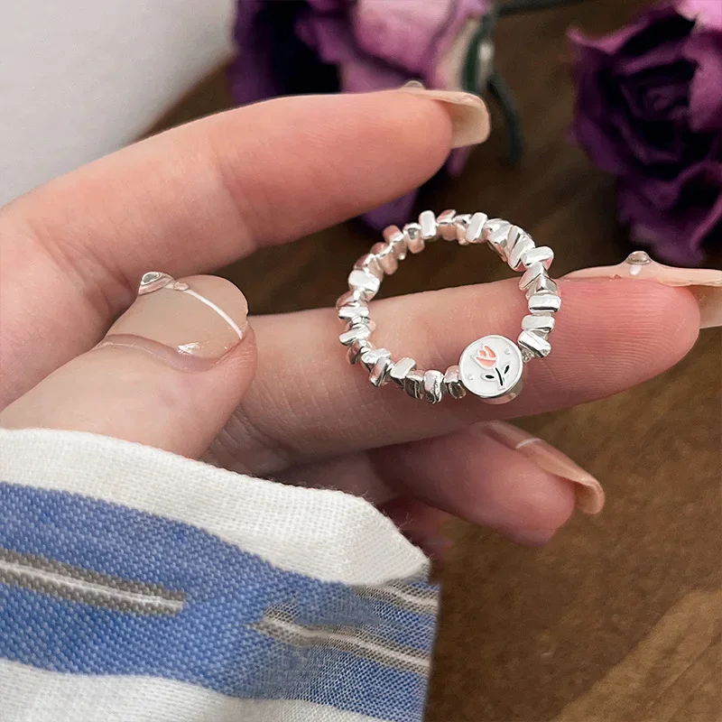 

Изысканные серебряные кольца с бусинами в виде цветка тюльпана для женщин и девушек модные креативные Необычные геометрические аксессуары для дня рождения ювелирные изделия в подарок
