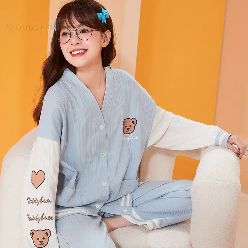 

Spring V-neck PJ Nightwear Women Pajama Sets Girls Pyjamas Cartoon Bear Sleepwear Loungewear Pijama Mujer Nightwear Home Fashion