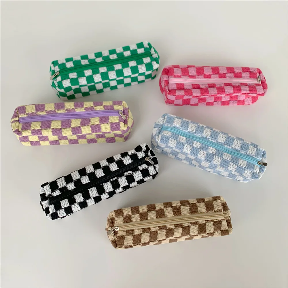 

Pencil Cases Trousse Scolaire Pouch Korean Stationery Checkerboard Pen Knitting Estuche Escolar For Girls