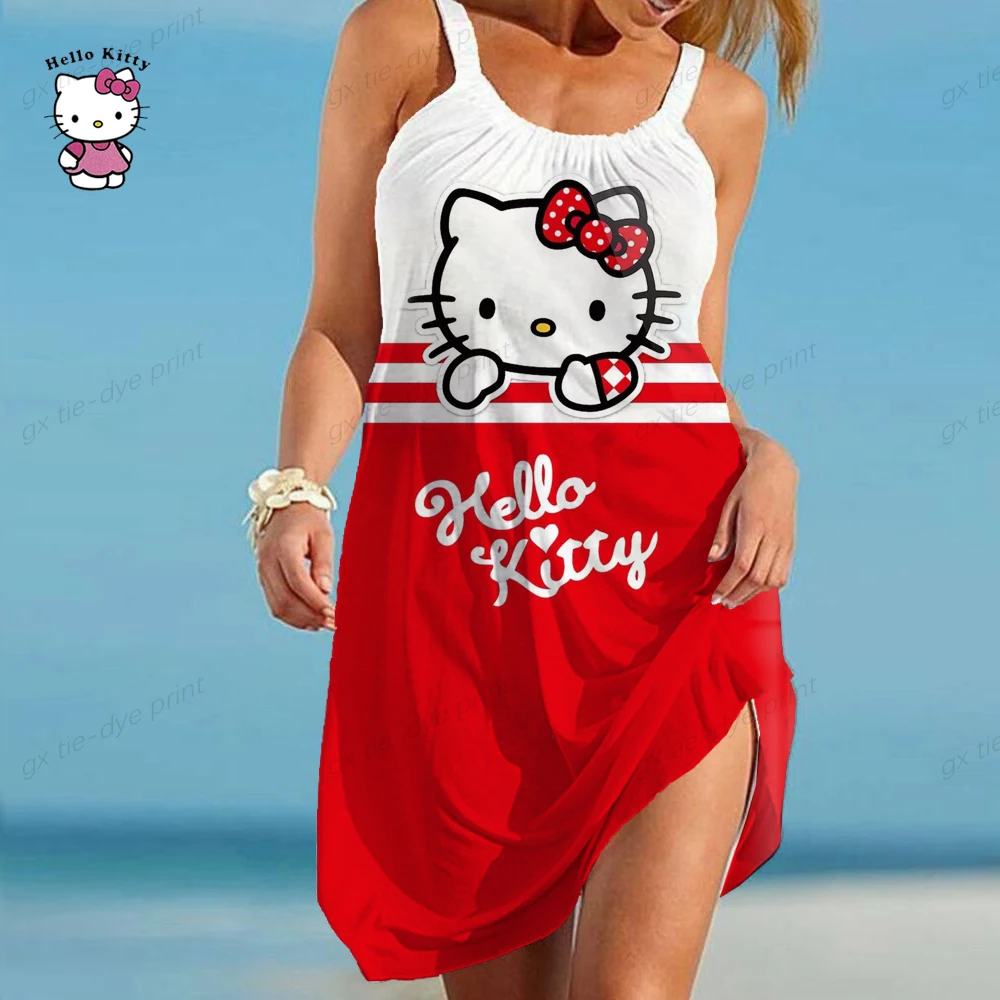 

Spring Summer Sundress Women's dress Hello Kitty Sexy Girl Fahion Style Sleeveless O-Neck Female Dresses