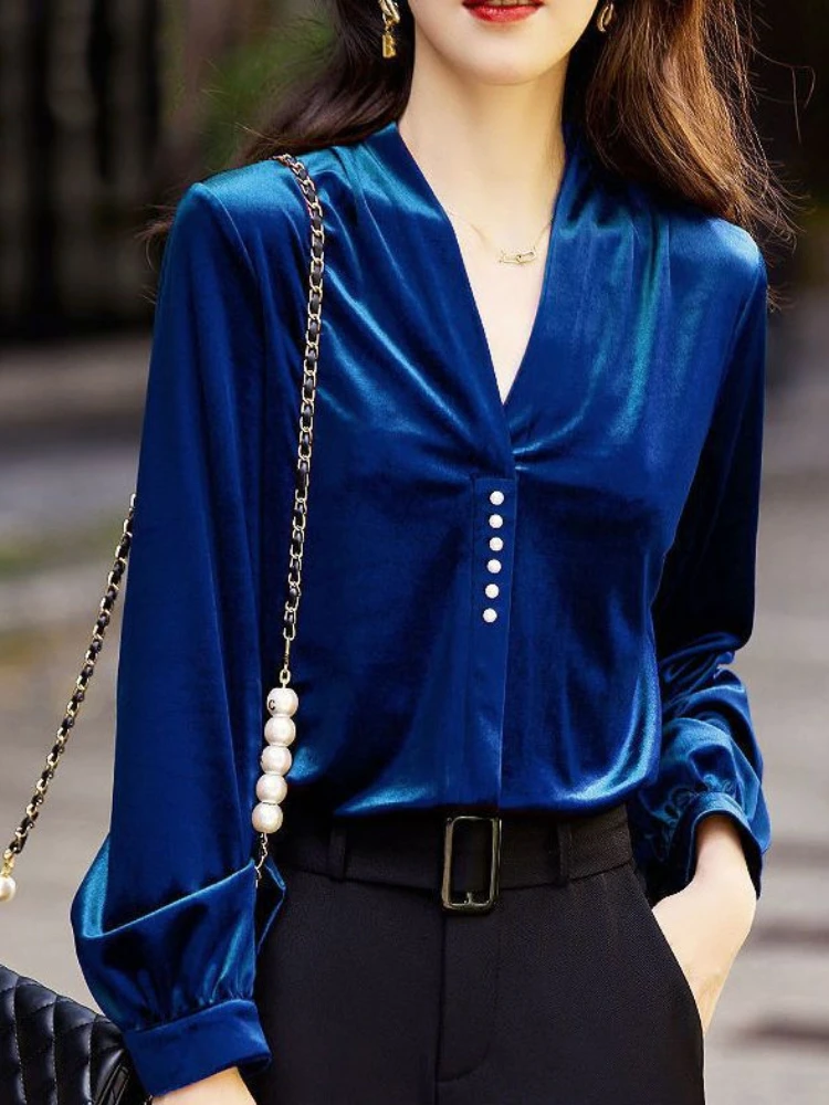 

Autumn New Oversized Casual Pullovers Loose Office Lady Shirt Fashion V-Neck Button All-match Folds Blouse Women's Clothing 2022