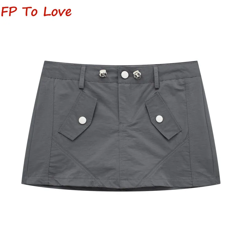 

2023 Spring Summer Army Green Half Skirt Women Design Low Waist Slim Slim Spice Style Grey Mini Short Skirt Chic Streetwear