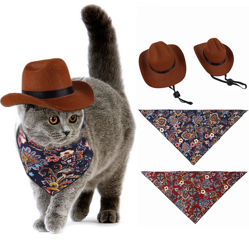 2022 New Pet Hat For Dog Cat Western Cowboy Hat Pet Triangle Scarf Photo Prop Dog Cap For Halloween Street Party Pet Accessories