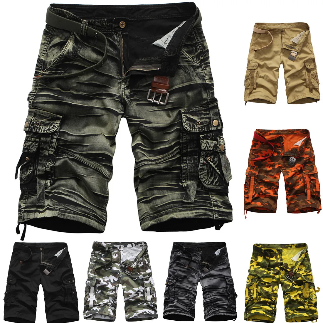 Summer Men's Cotton Fabric Shorts Camouflage Solid Color Loose Large Casual Knee Length Safari Style Short Pants Outdoor Street