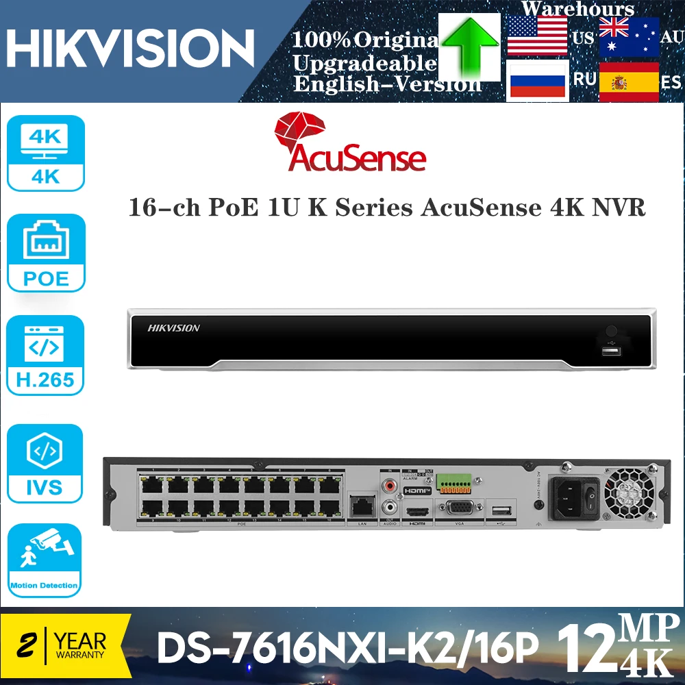 Hikvision 4K 12MP 16CH 16PoE AcuSense NVR DS-7616NXI-K2/16P Сетевой видеорегистратор с распознаванием лиц