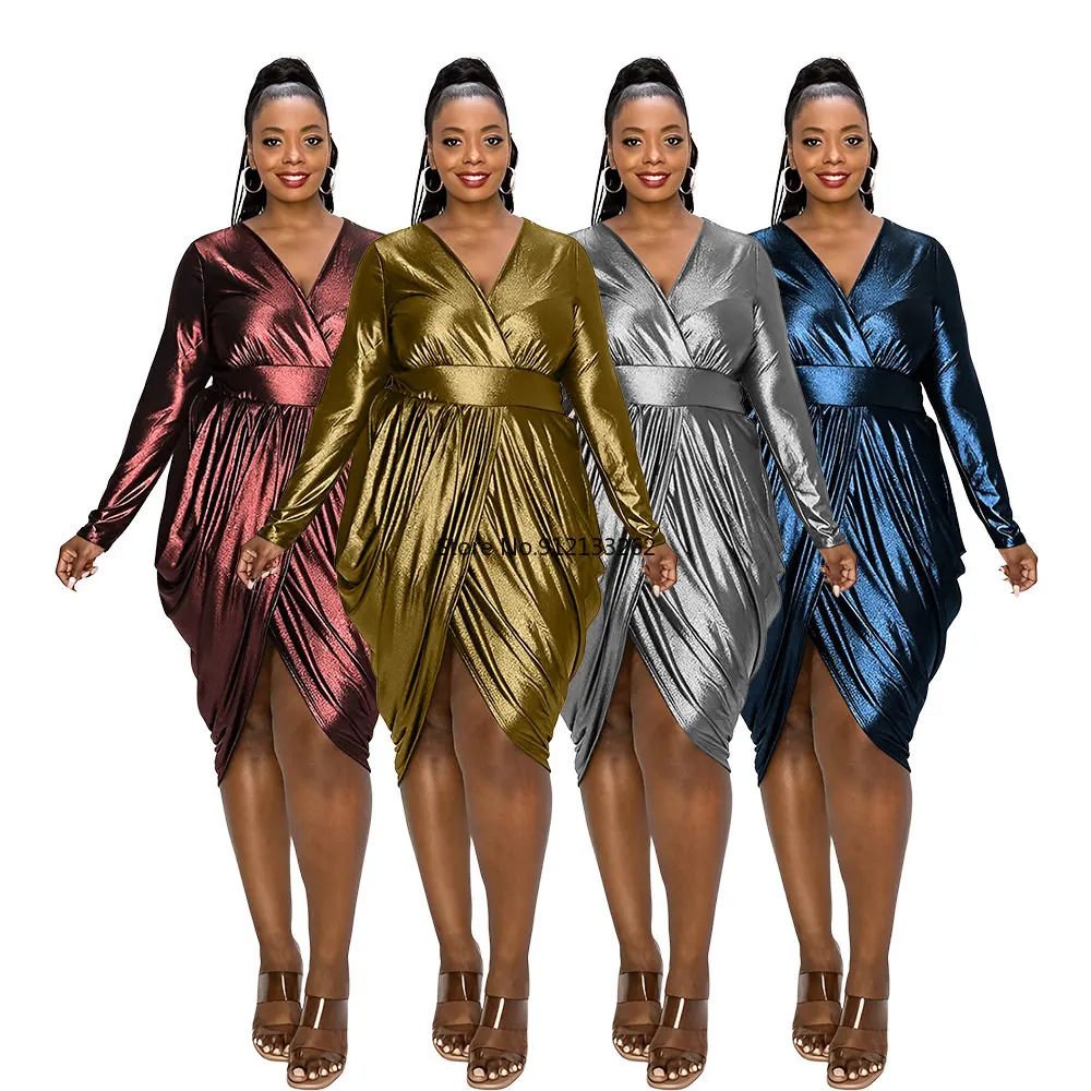 

XL-5XL African Dresses for Women 2023 New Arrival Spring African Women Long Sleeve V-neck Polyester Knee-length Dress