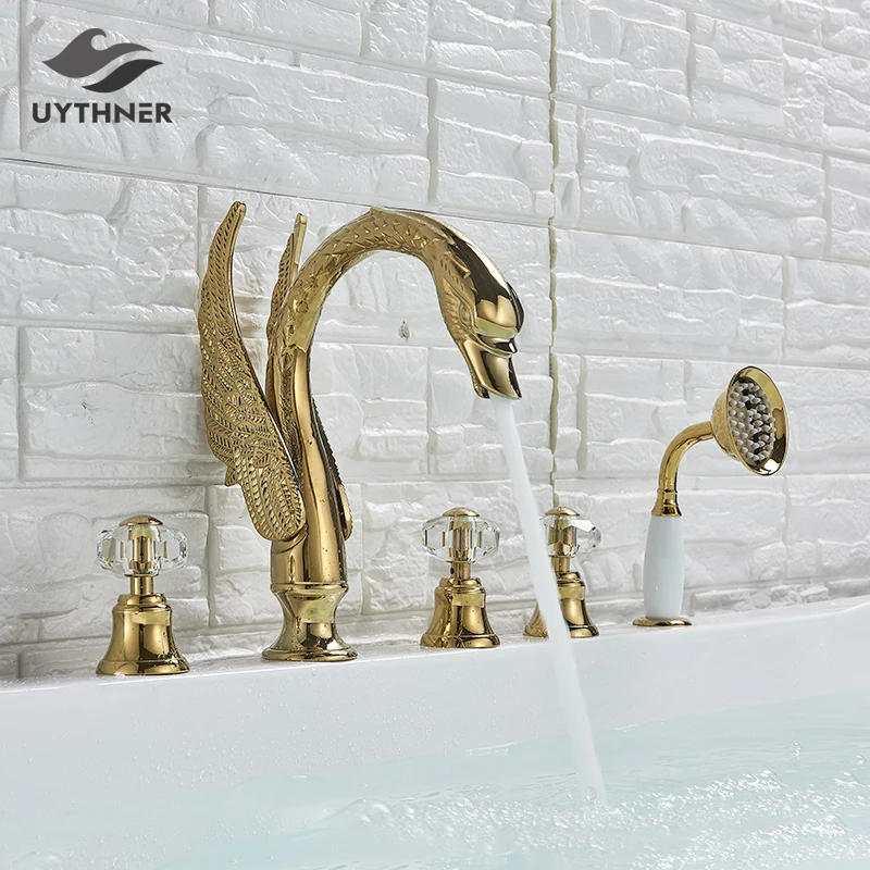 

Luxury Gold Bathroom Sink Faucet Basin Mixer Tap Swan Style Vessel Faucet With Hand Shower Bath Faucet Basin Taps Water tap