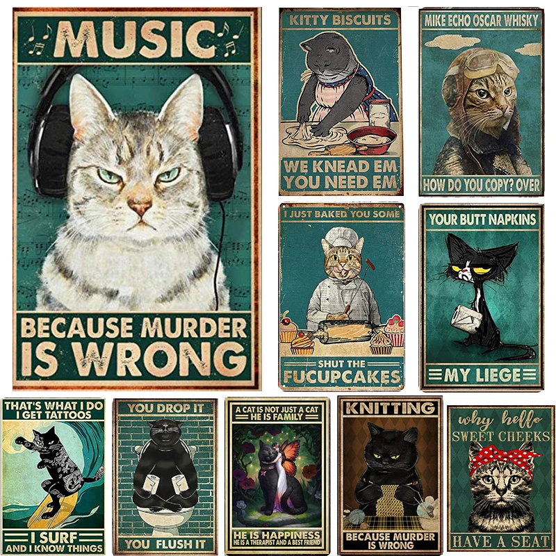 

Крутой Кот для серфинга испечь слушать музыку играть пианино книга для чтения Ретро Винтажные знаки украшение на стену металлическая пласт...