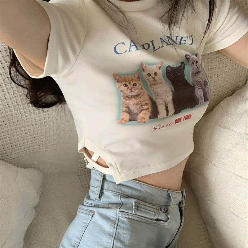 Women Baby Tee Y2k Cat Print Slim Fit Graphic T-shirt Summer White Cute Short Sleeve Crop Top 2023 Kawaii Clothe O-neck Fashion