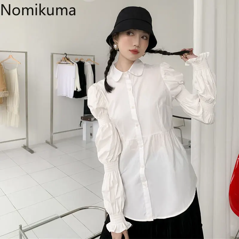 

Nomikuma Blusa Feminina кукольный воротник пышные рукава плиссированные свободные рубашки для женщин винтажные элегантные модные повседневные рубашки для женщин