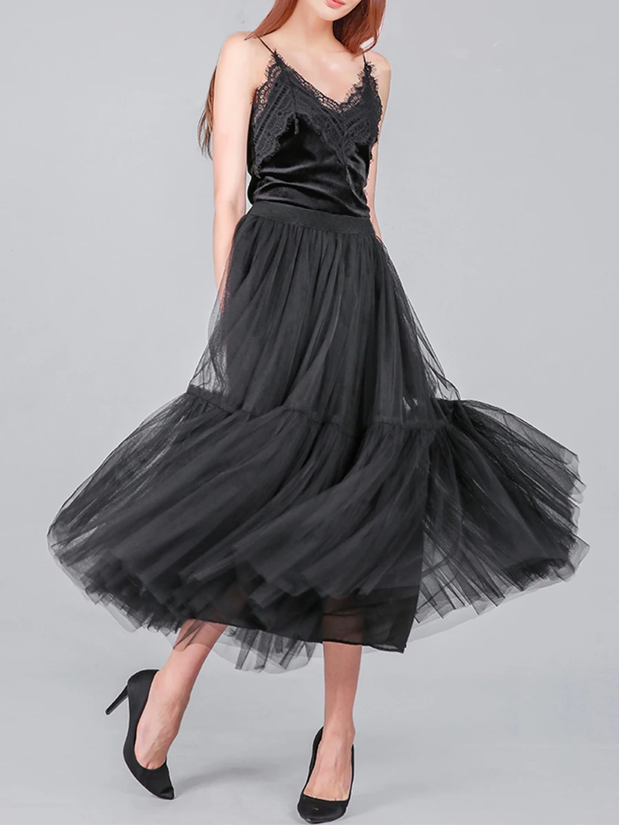 

Elegant Floral Dot Print Tulle Tutu Skirt for Women - High Waist Elastic A-line Mesh Princess Skirts Perfect for Parties and