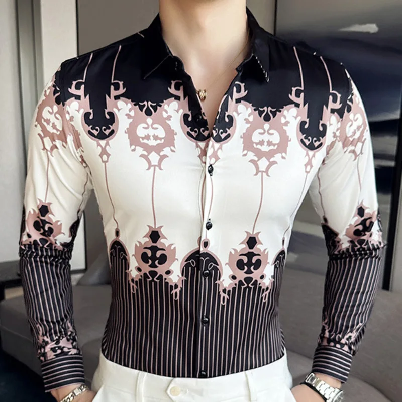 

2023 Spring British Style High Quality Streetwear Mens Black Baroque Flower Shirt Men Slim Dress Shirt Social Camisa Masculina