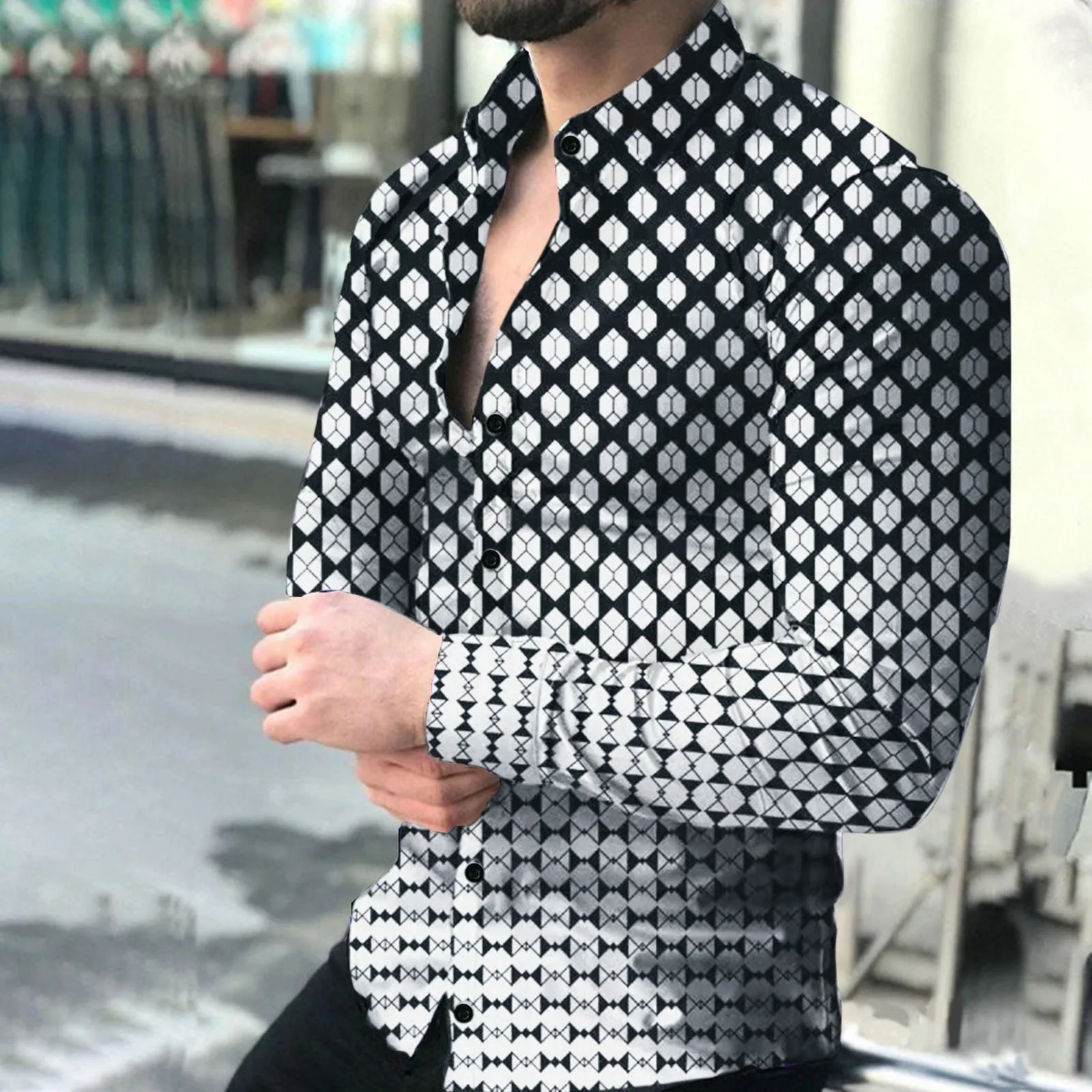 

2022 Spring Autumn Men Fashion Shirts Turn-down Collar Buttoned Tops Men's Casual Geometric Dot Long Sleeve Shirt Streetwear Top