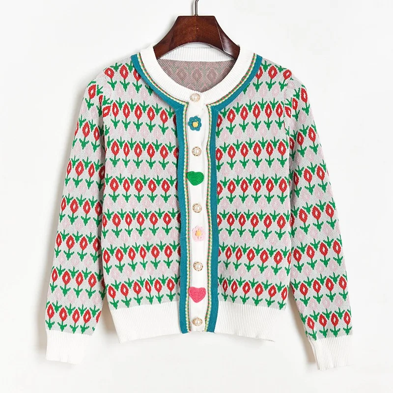 

Kawaii Crochet Flower Sweater Women New Fall Sweet Long-sleeved Knitted Cardigan Top Cute 3D Appliques Buttons Short Jumpers