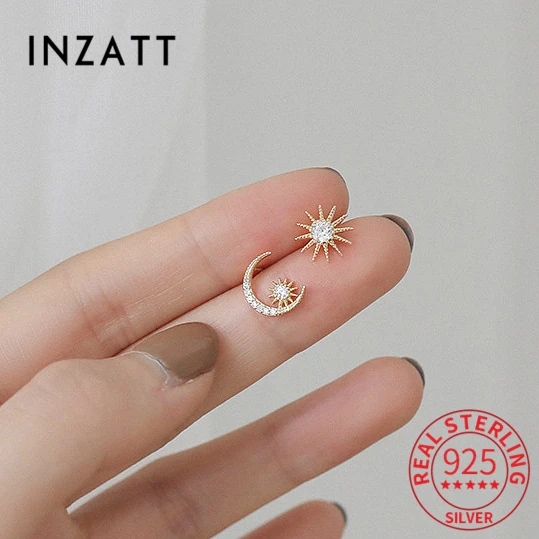 

INZATT 100% S925 Sterling Silver Sun Moon Star Zircon 14K Gold Stud Earrings For Women Party Fine Jewelry Elegant Accessories