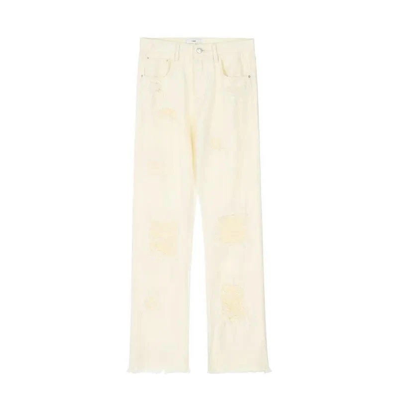 New Hole Ripped Straight Washed Mid Waist Men Jeans Black Beige Patchwork Vintage Slim High Street Denim Trousers