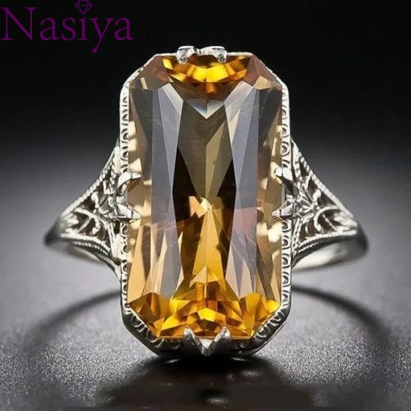 Фото Citrine hollowed-out Carved Silver Rings Exaggerated Silver Hand Jewelry For Women Gemstone  Wedding Party Ring Wholesale №1