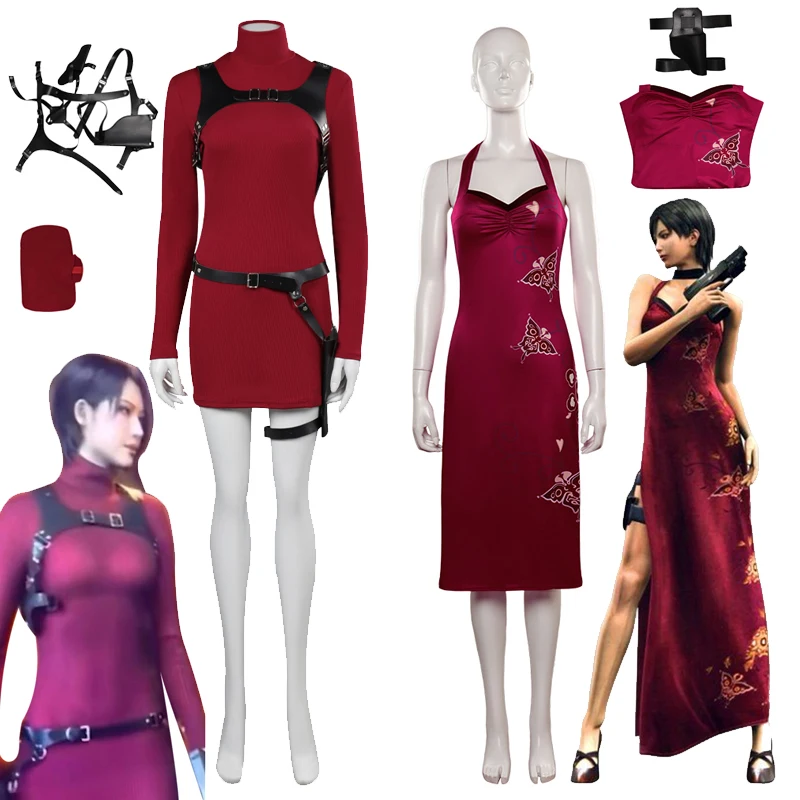 

Biohazard Ada Wong Cosplay Costume Evil 4 Role Play Clothes Women Red Dress Jumpsuits Halloween Carnival Party Disguise Suit