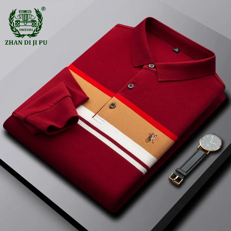 

Fashion Business Embroidery Stripes Long Sleeve Polo T-shirts Mens Casual Cotton Lapel Loose Polo Shirt Male New Spring Autumn
