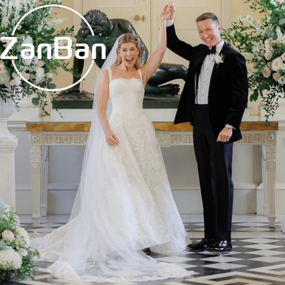 Фото Изысканное свадебное платье ZanBan на тонких бретельках с кружевом и шлейфом, индивидуальный пошив для невесты. №1