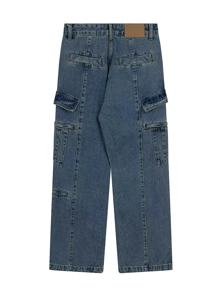 Retro Loose Washable Jeans for Men Y2K Large Pocket Straight Sleeve Jeans Baggy Wide Leg Zipper Hip Hop Casual Pants Floor