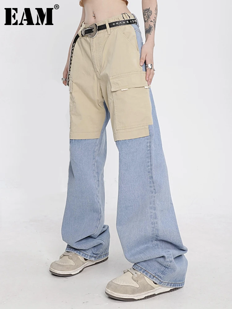 

[EAM] High Waist Blue Denim Color-block Long Wide Leg Pants New Loose Fit Trousers Women Fashion Tide Spring Autumn 2022 1DF0513