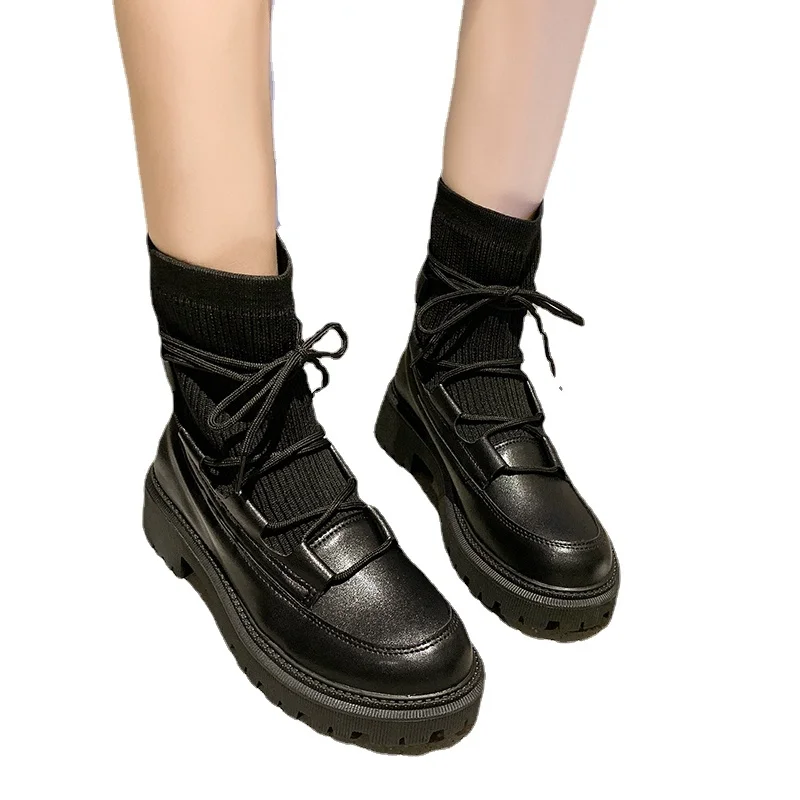 

Женские стильные ботинки-носки, женские ботинки из эластичной ткани и кожи, ботильоны с квадратными вставками, женские ботинки из эластично...