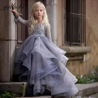 gorgeous puffy grey flower girl for weddings 2022 princess dresses ruffle tulle appliques girls birthday evening party dresseses