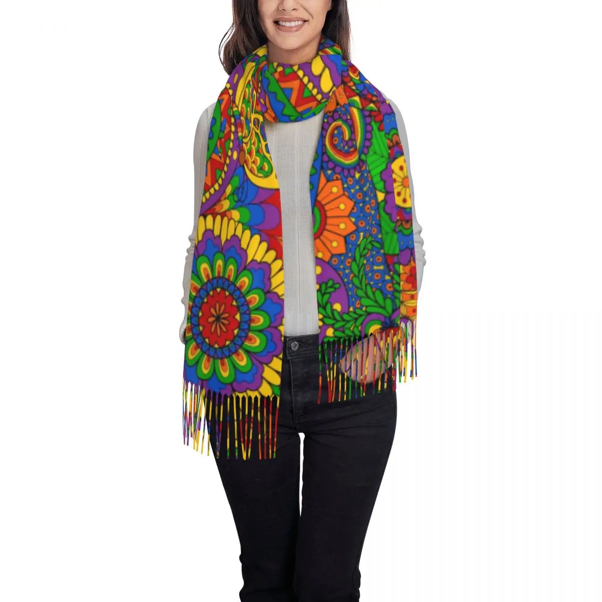 Happy Hippy психоделические шарфы с радужным принтом кисточкой зимние шали y2k уличные