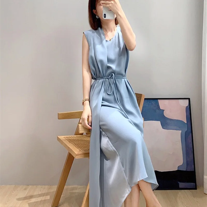 

Женское асимметричное платье-миди без рукавов, элегантное простое универсальное платье с круглым вырезом и шнуровкой, весна-лето 2022