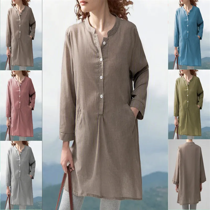 

Women Tees Female Big Large Spring Button Casual Tops Femme Button Full Long Sleeve Ladies Dress Pocket Shirts