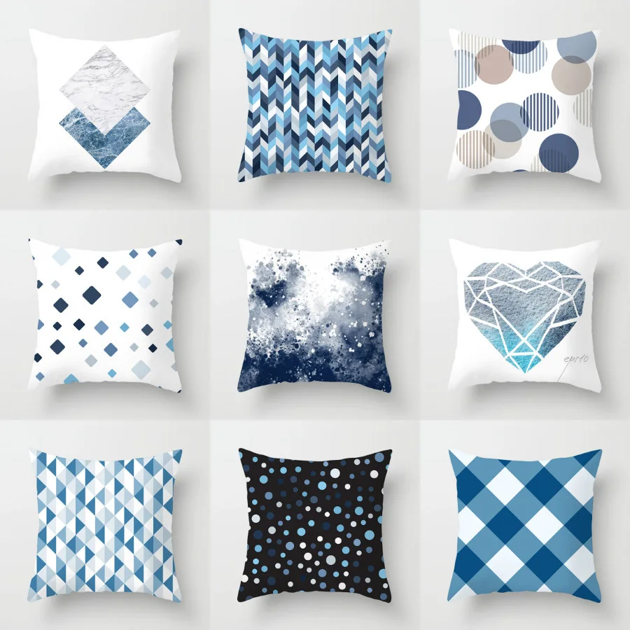 

Short Plush Blue Geometrical Pillow Cover Nordic Pillow Cover Sofa Cushion Cover Cushion Case Office Nap Pillowcase